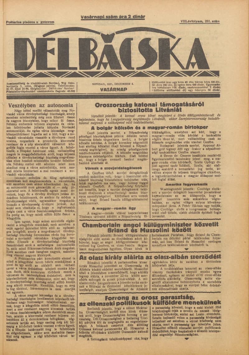 Délbácska, 8. évf. 1927. december 4. 281. sz.