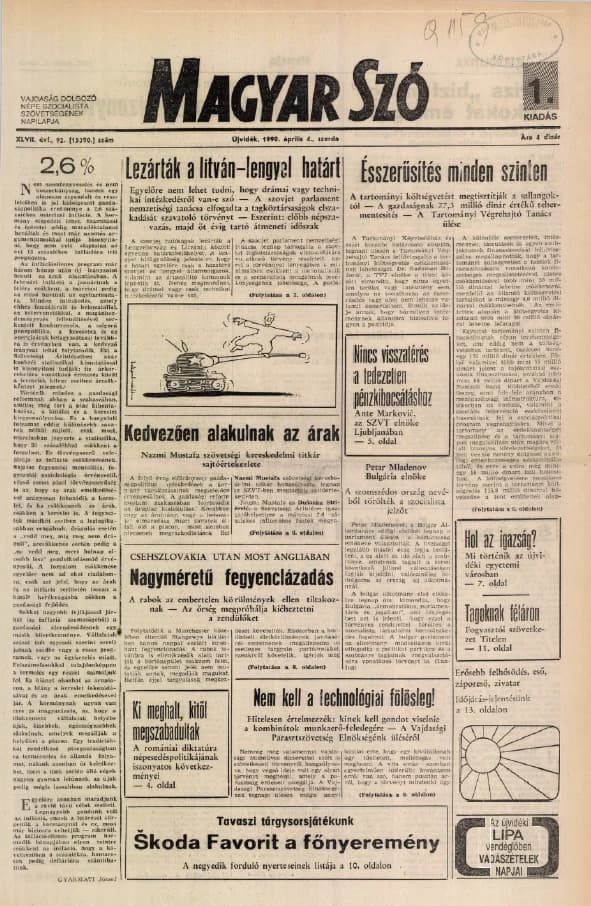 Magyar Szó, 47. évf. 1990. április 4. 92. sz. 1–20. oldal