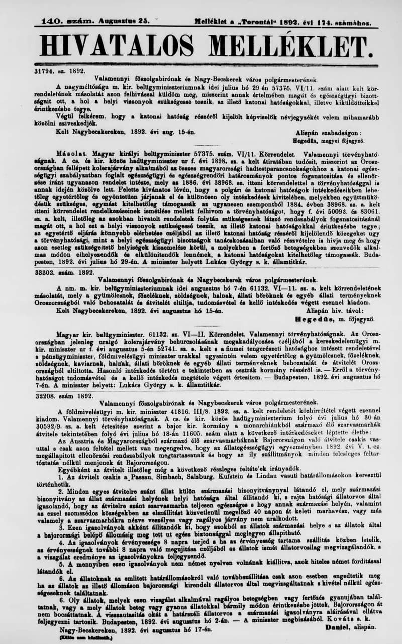 A Totontál  hivatalos melléklete, 5. évf. 1892. augusztus 25. 140. sz.