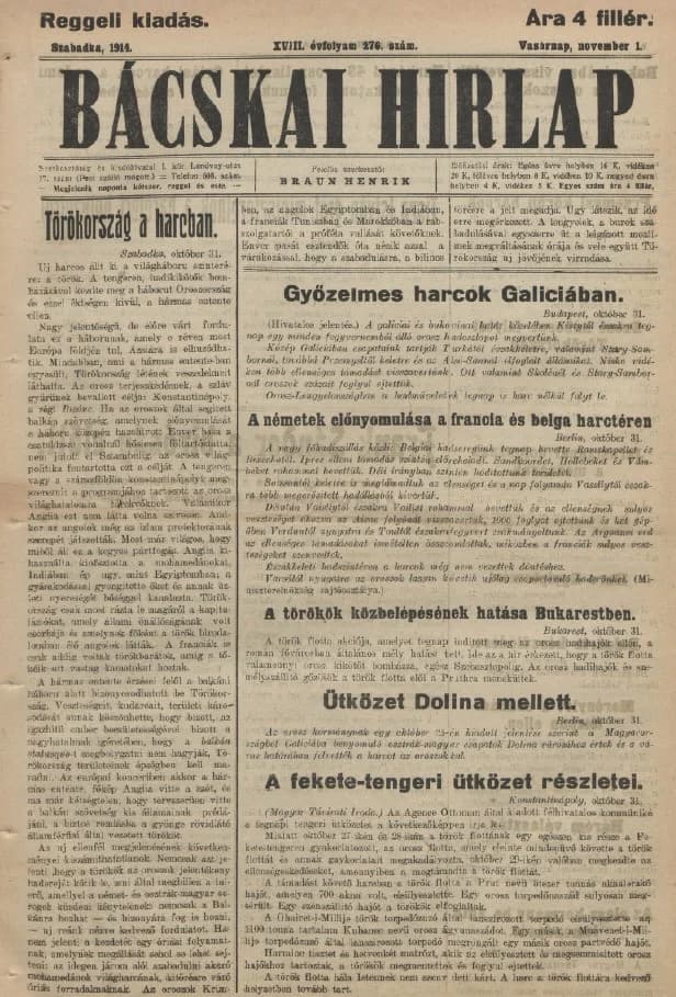 Bácskai Hirlap, 18. évf. 1914. november 1. 276. sz.