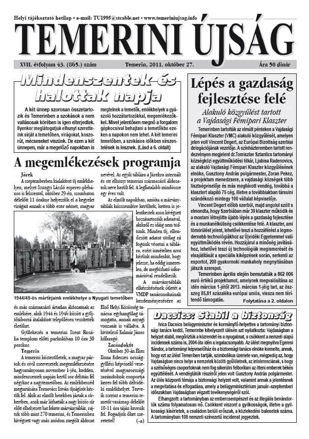 Temerini Újság, 17. évf. 2011. október 27. 43. sz.
