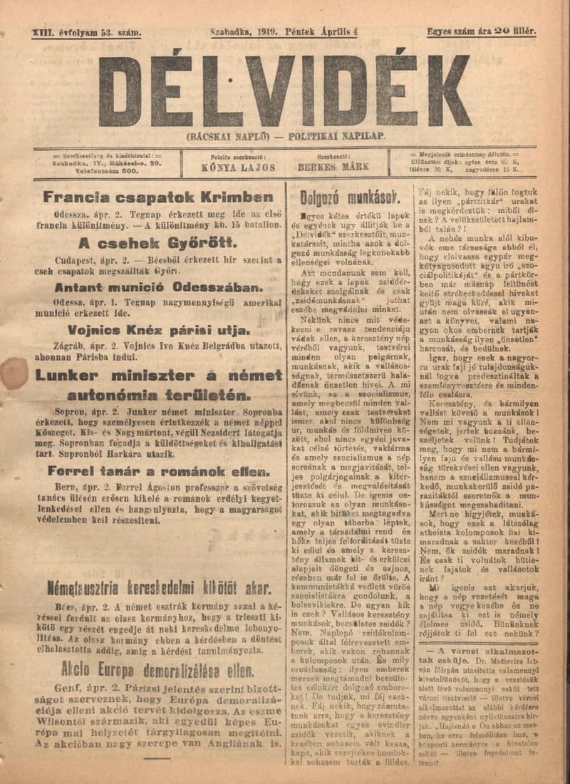 Délvidék, 13. évf. 1919. április 4. 53. sz.