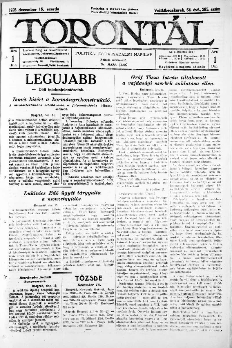 Torontál, 54. évf. 1925. december 16. 285. sz.