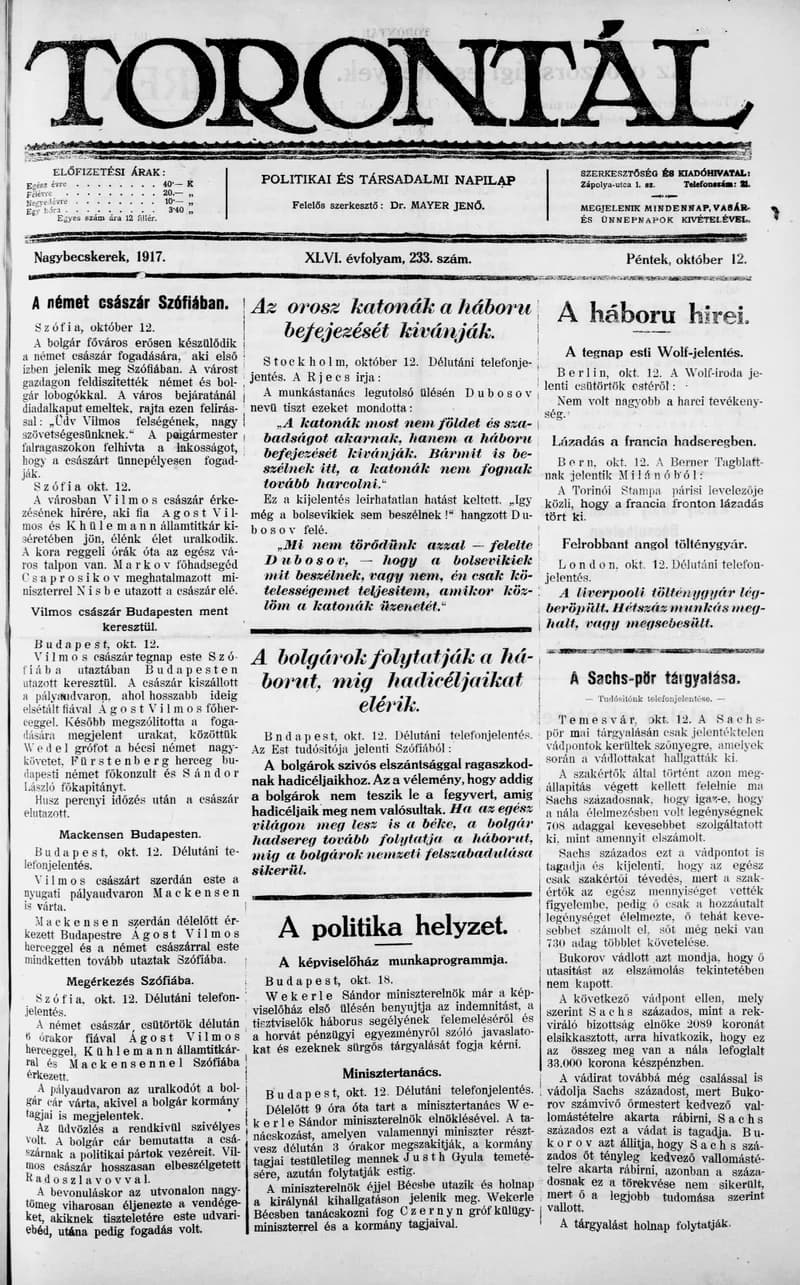 Torontál, 46. évf. 1917. október 12. 233. sz.