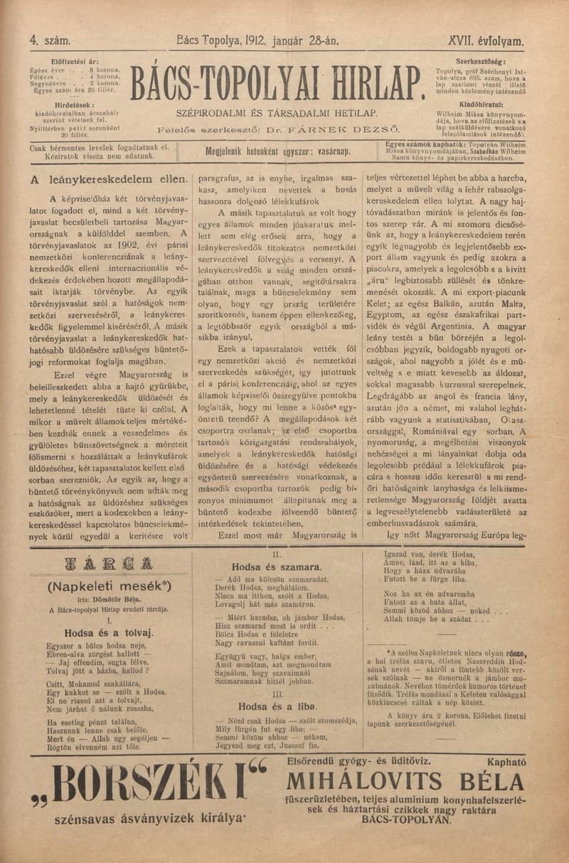 Bács-Topolyai Hirlap, 17. évf. 1912. január 28. 4. sz.
