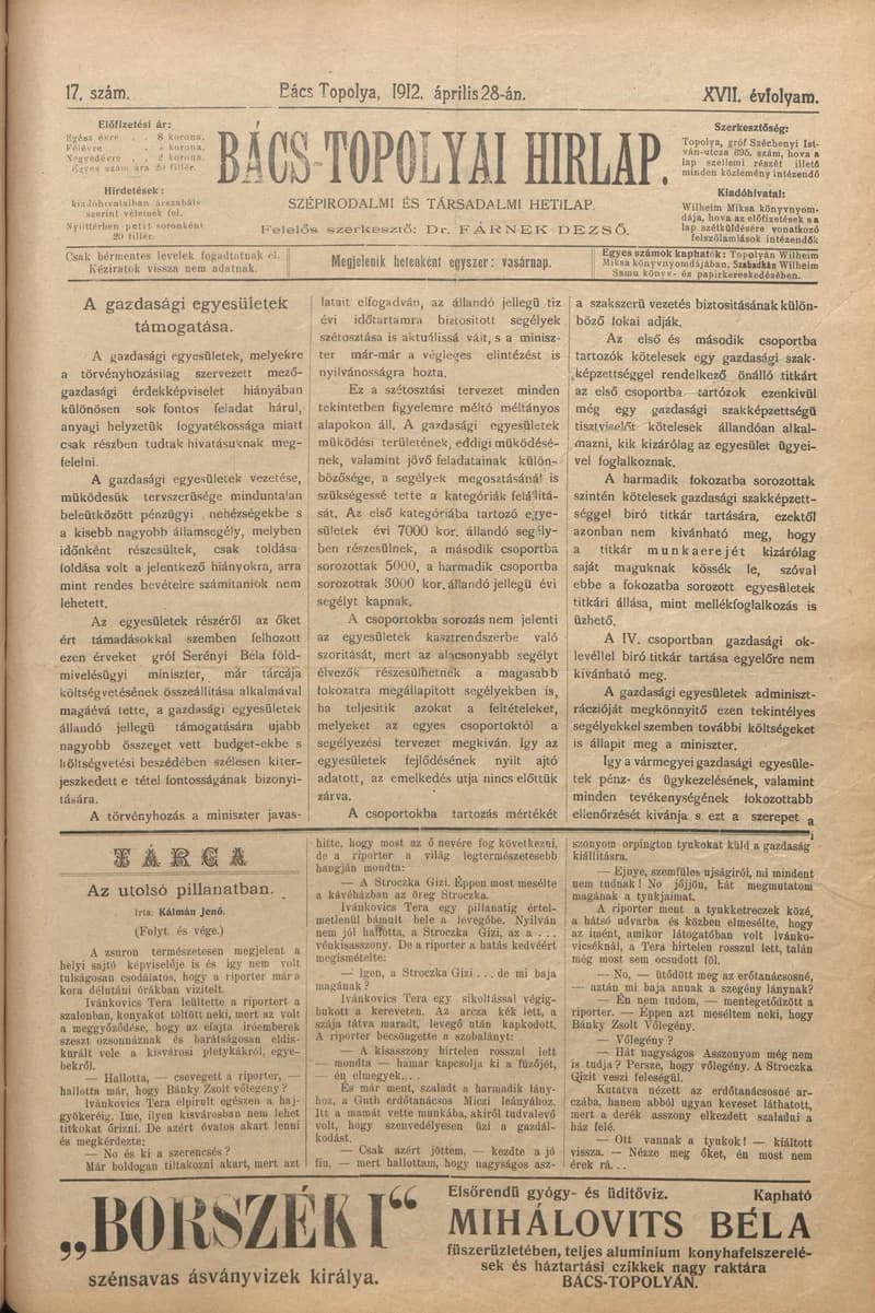 Bács-Topolyai Hirlap, 17. évf. 1912. április 28. 17. sz.