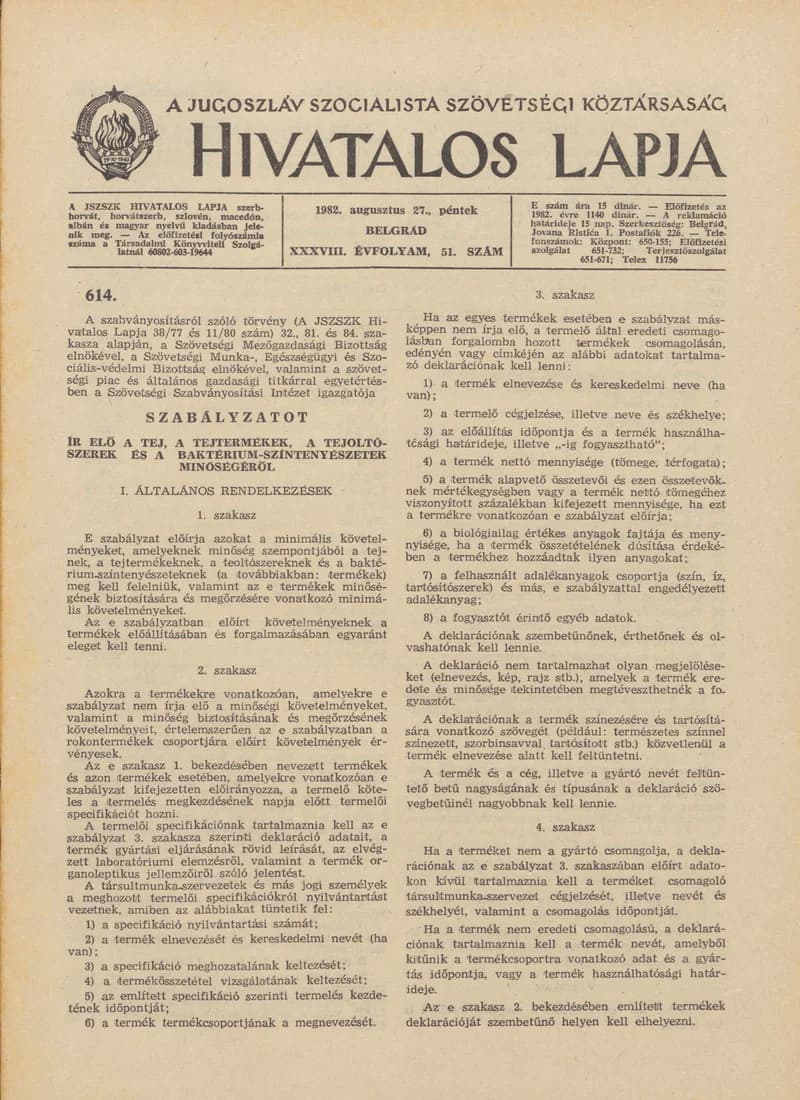 A Jugoszláv Szocialista Szövetségi Köztársaság Hivatalos Lapja, 38. évf. 1982. augusztus 27. 51. sz. 1285–1308. oldal