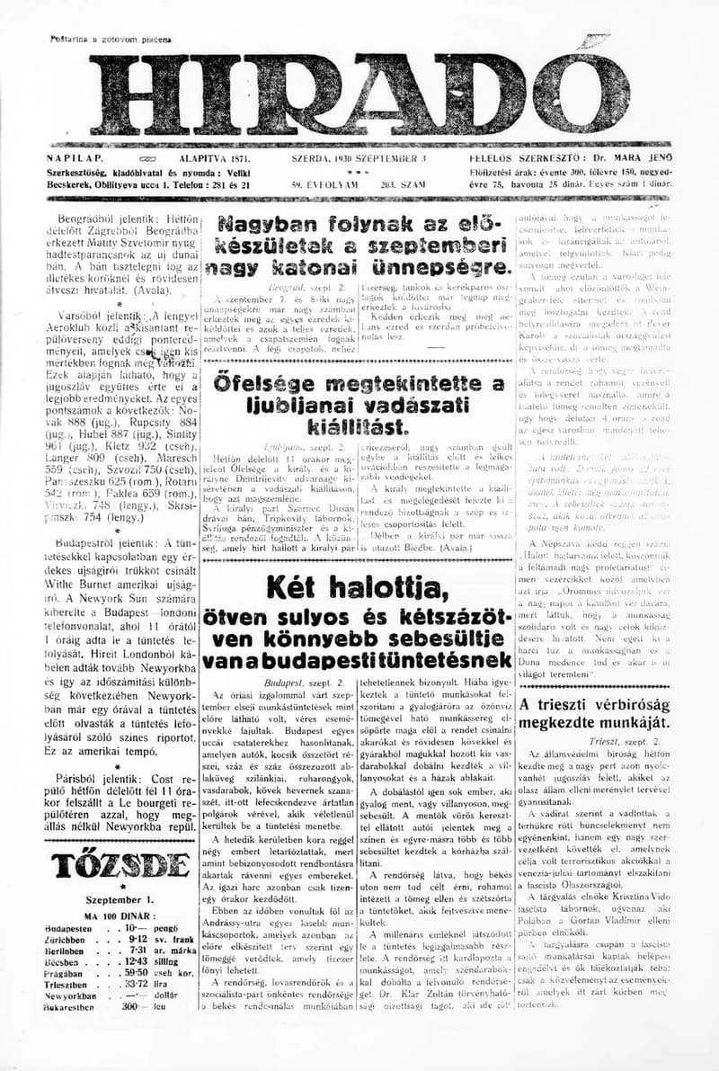 Híradó, 59. évf. 1930. szeptember 3. 203. sz.