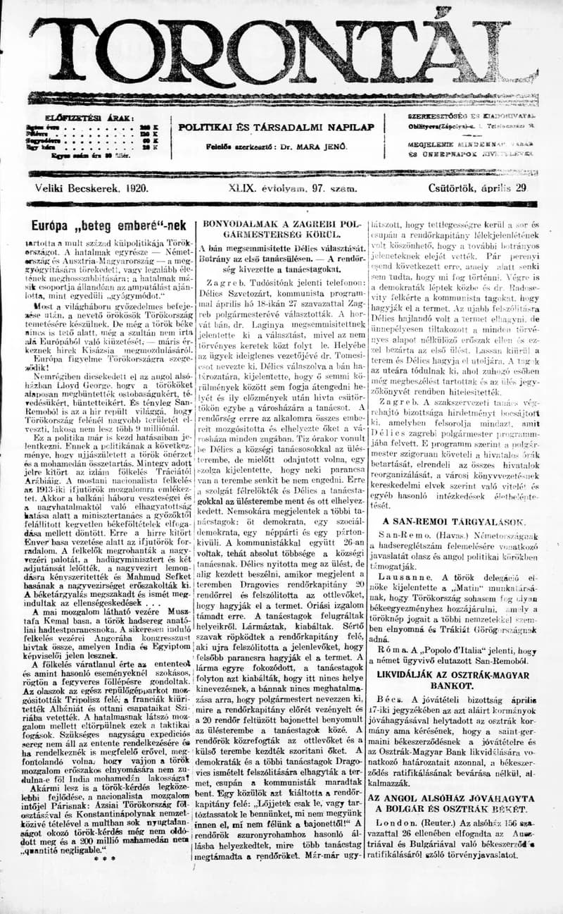 Torontál, 49. évf. 1920. április 29. 97. sz.