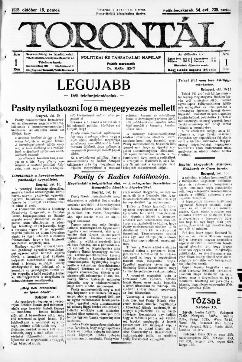 Torontál, 54. évf. 1925. október 16. 235. sz.