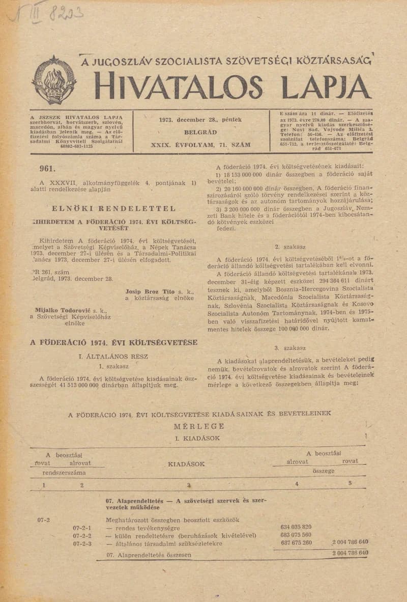 A Jugoszláv Szocialista Szövetségi Köztársaság Hivatalos Lapja, 29. évf. 1973. december 28. 71. sz. 2049–2159. oldal