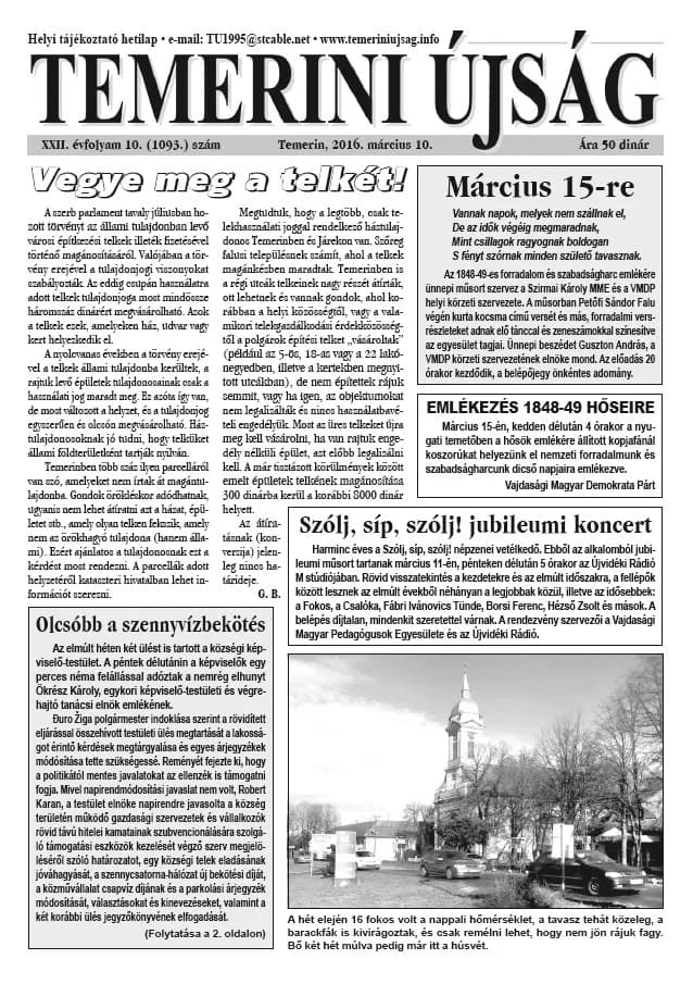 Temerini Újság, 22. évf. 2016. március 10. 10. sz.