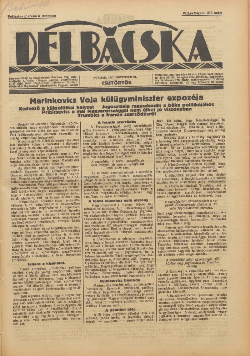 Délbácska, 8. évf. 1927. november 24. 273. sz.