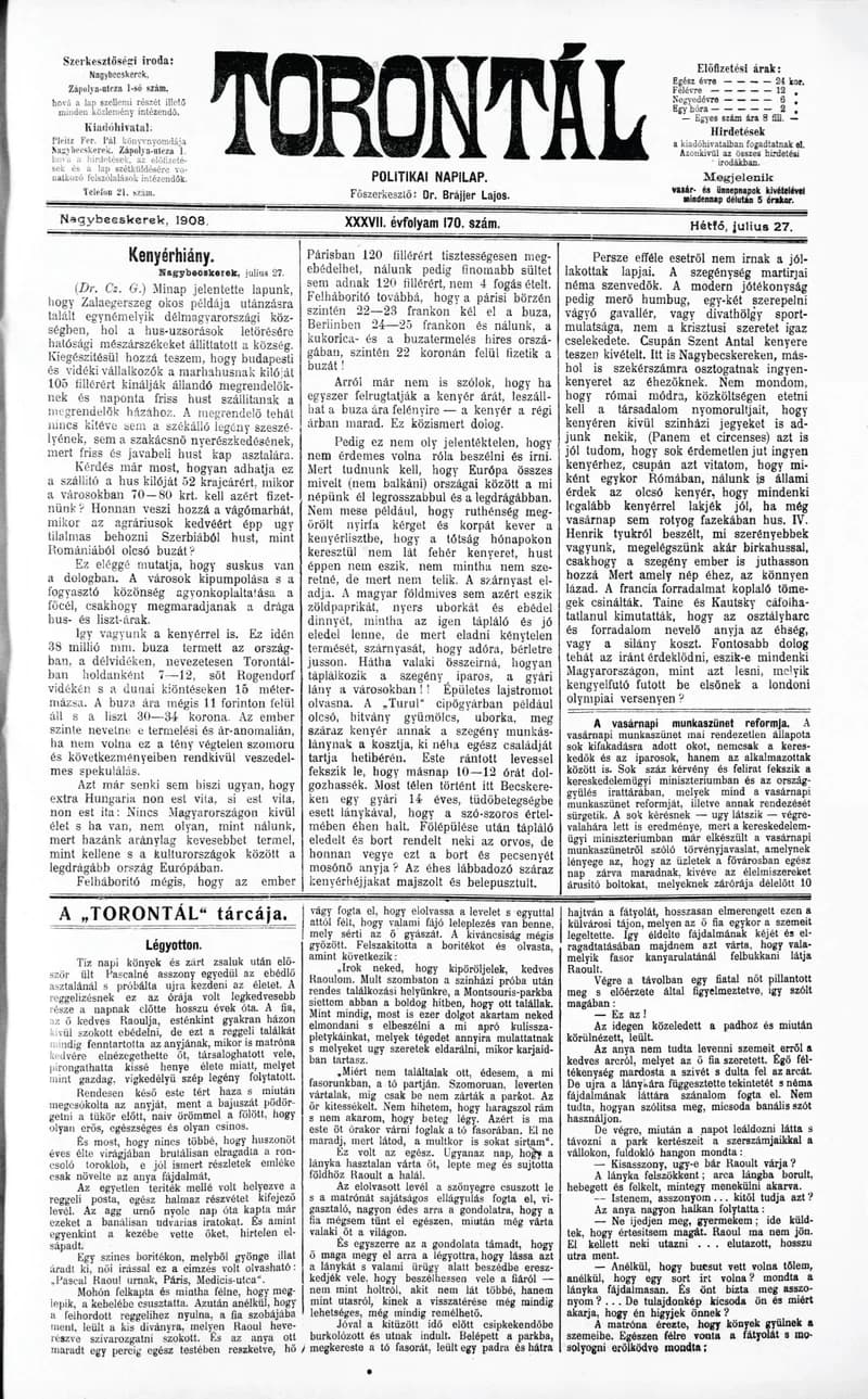 Torontál, 37. évf. 1908. július 27. 170. sz.
