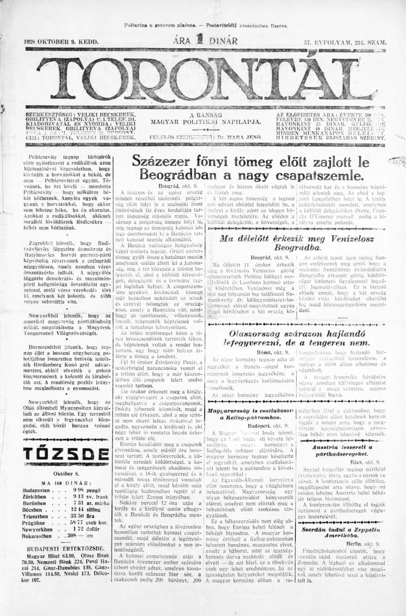 Torontál, 57. évf. 1928. október 9. 234. sz.