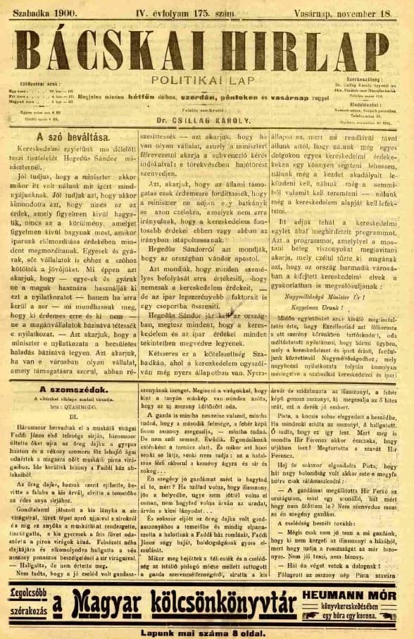Bácskai Hirlap, 4. évf. 1900. november 18. 175. sz.