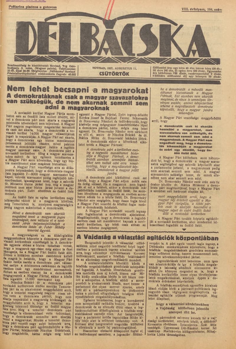 Délbácska, 8. évf. 1927. augusztus 11. 184. sz.