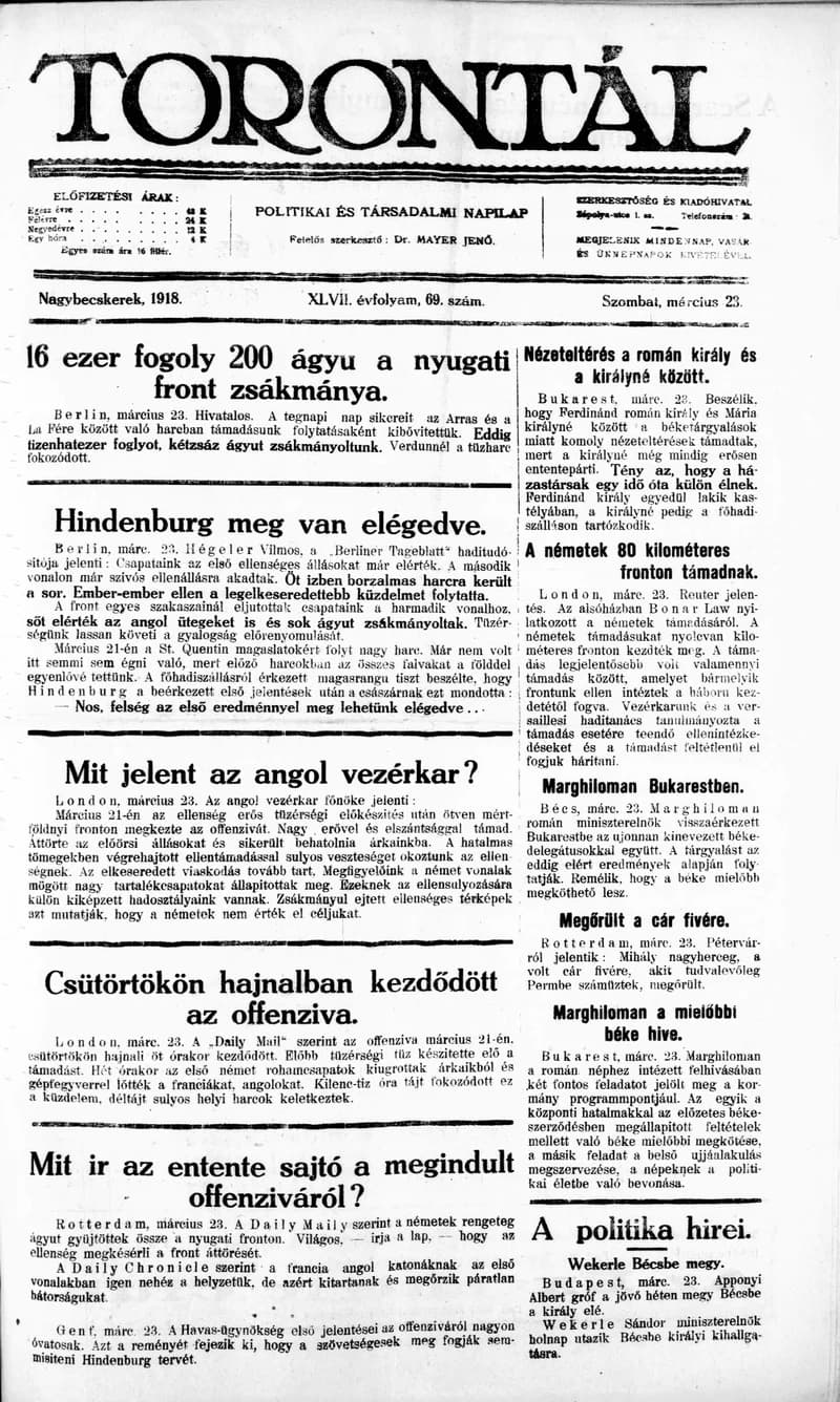 Torontál, 47. évf. 1918. március 23. 69. sz.