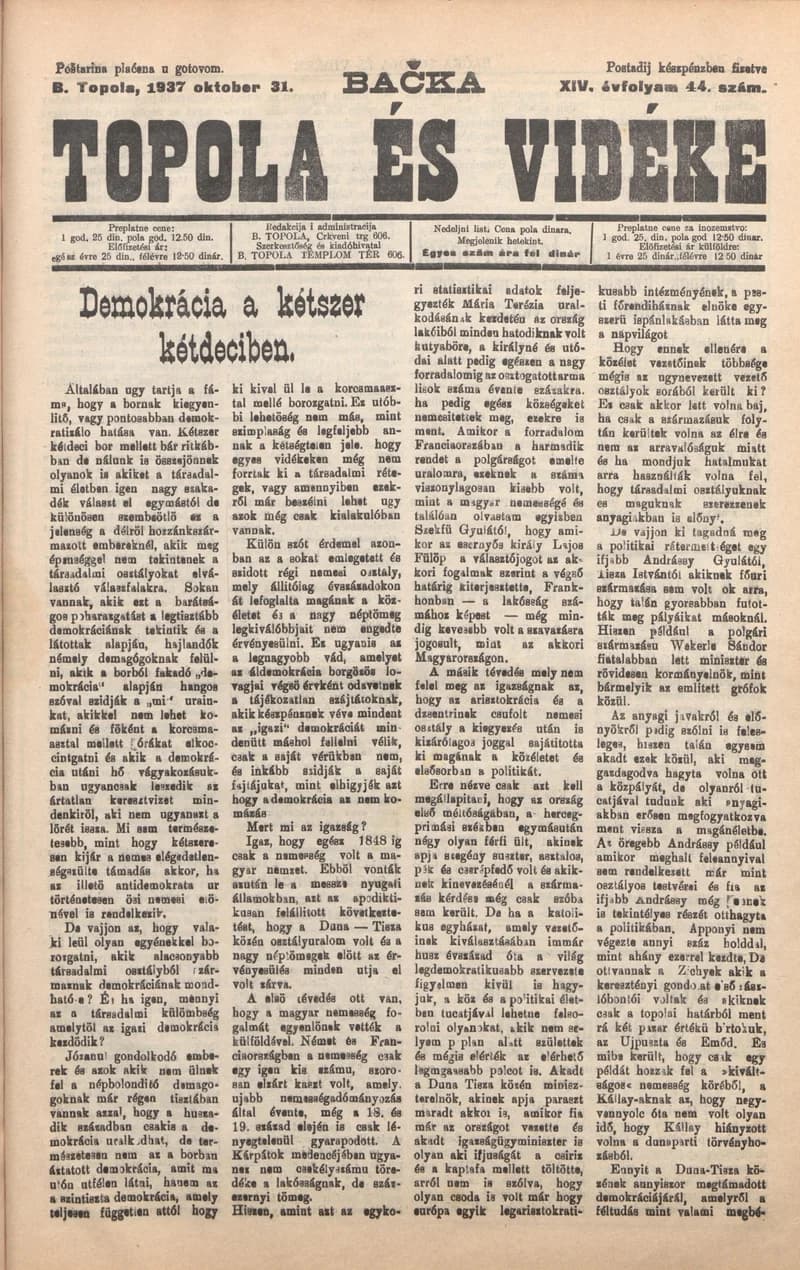 Bačka Topola és Vidéke, 14. évf. 1937. október 31. 44. sz.