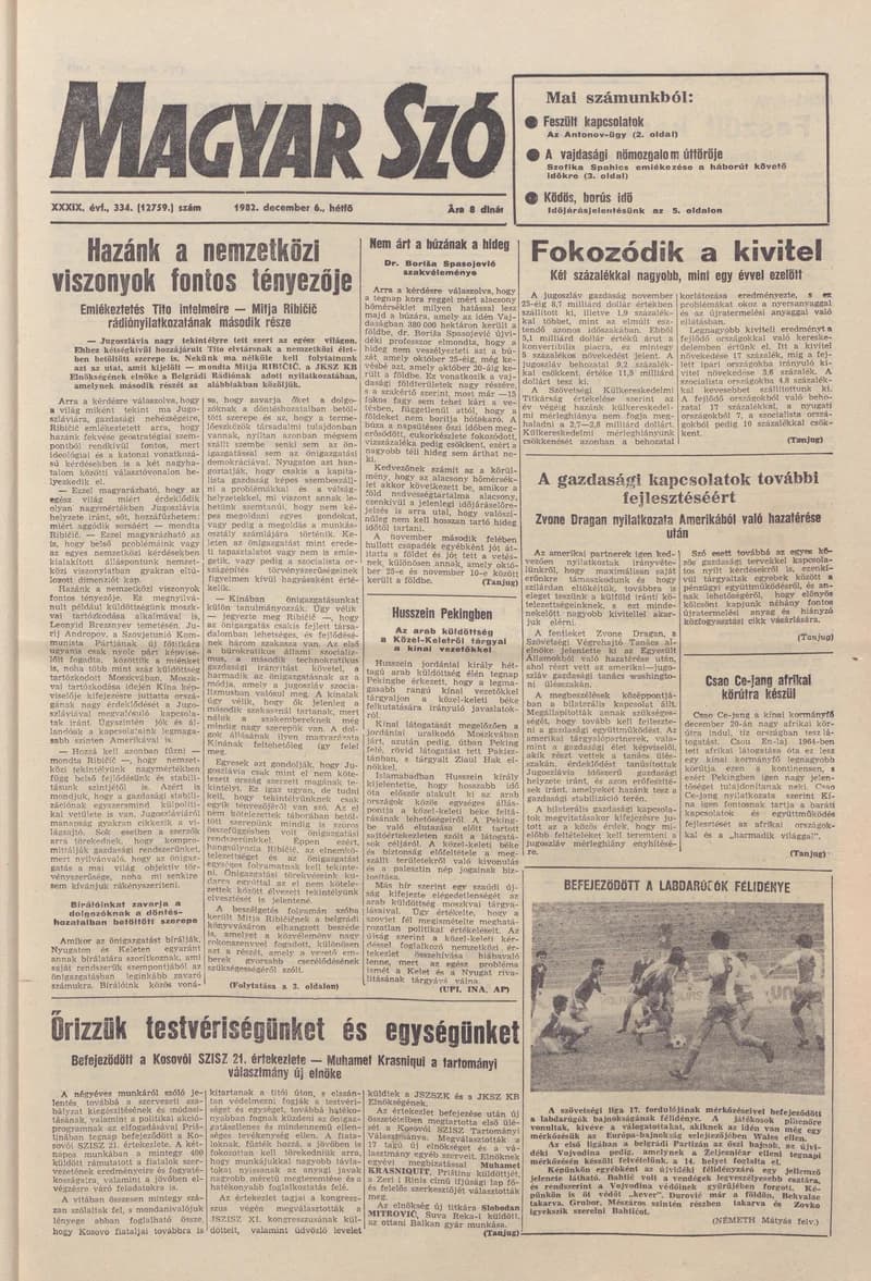 Magyar Szó, 39. évf. 1982. december 6. 334. sz. 1–8. oldal