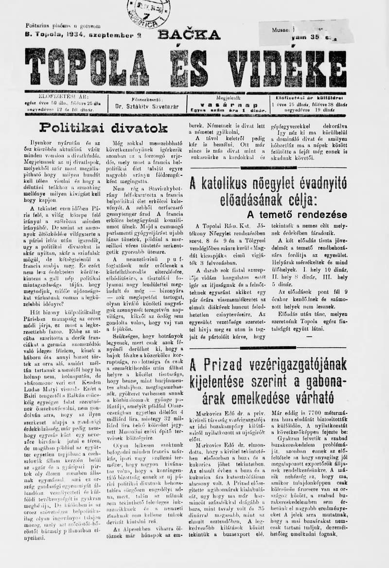 Bačka Topola és Vidéke, 11. évf. 1934. szeptember 2. 35. sz.