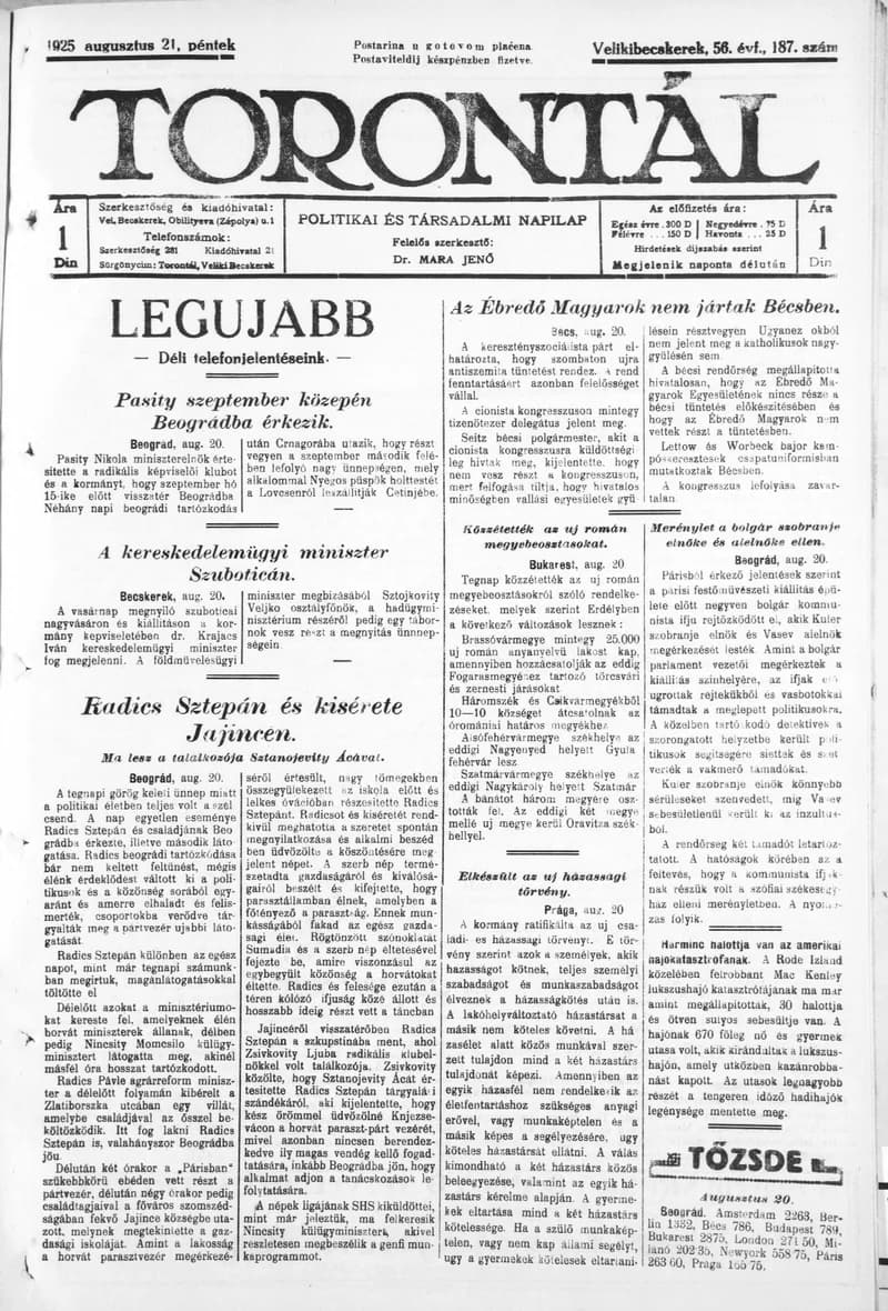 Torontál, 54. évf. 1925. augusztus 21. 187. sz.