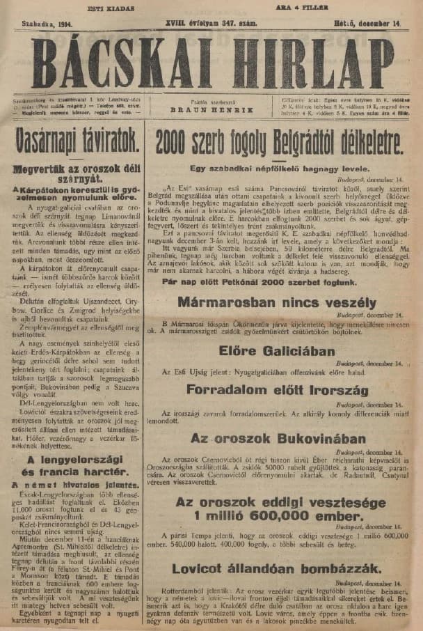 Bácskai Hirlap, 18. évf. 1914. december 14. 347. sz.
