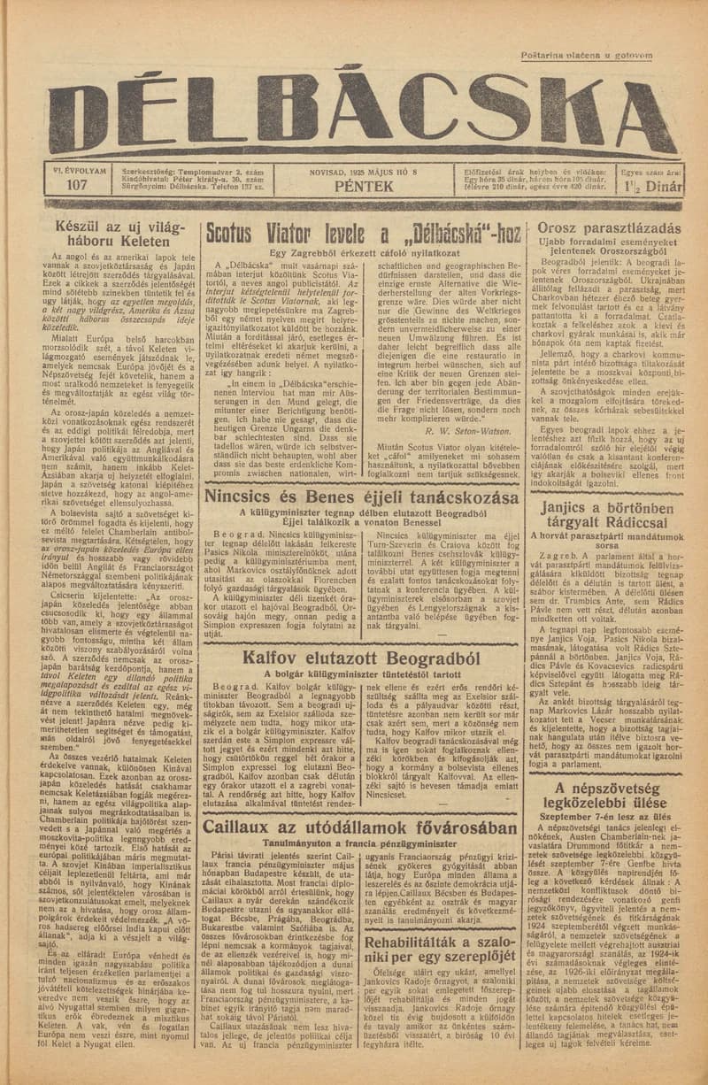 Délbácska, 6. évf. 1925. május 8. 107. sz.