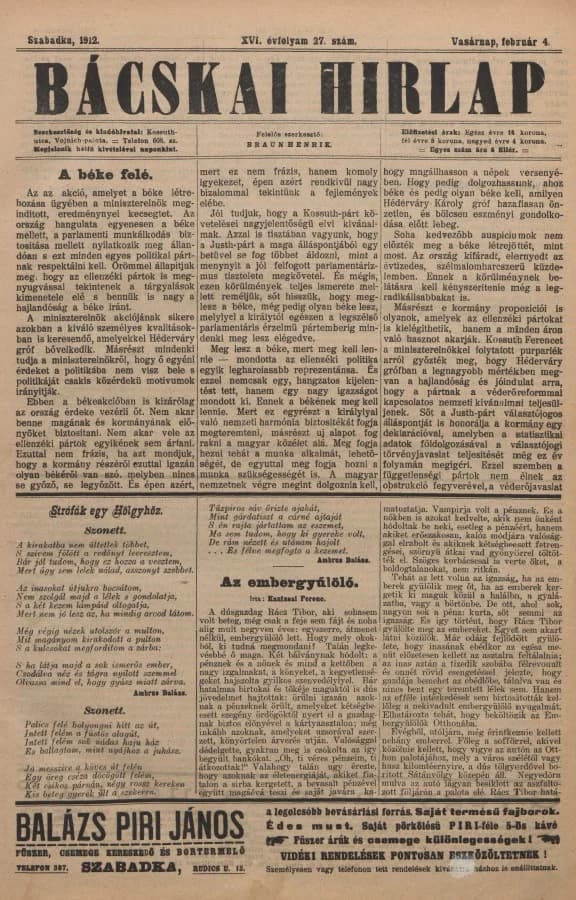 Bácskai Hirlap, 16. évf. 1912. február 4. 27. sz.