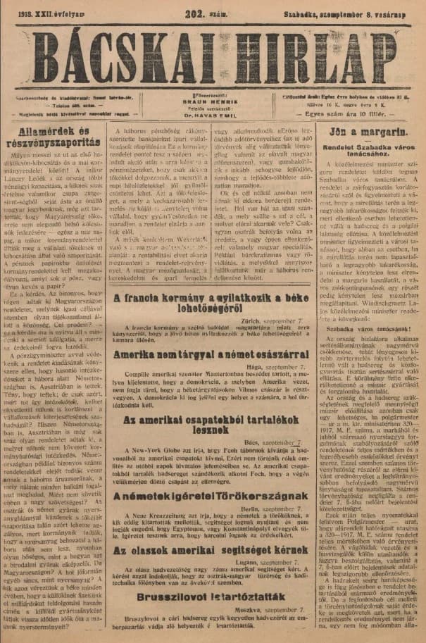 Bácskai Hirlap, 22. évf. 1918. szeptember 8. 202. sz.