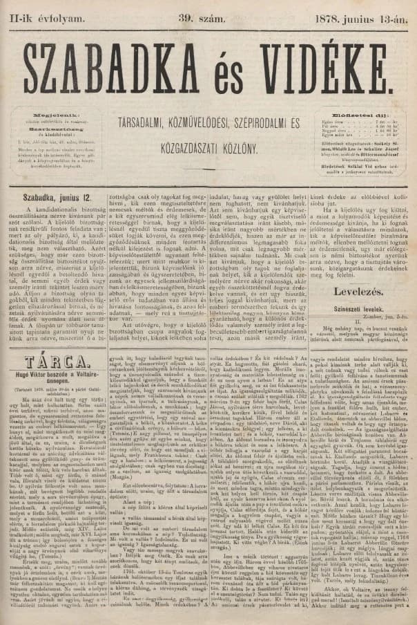 Szabadka és vidéke, 2. évf. 1878. június 13. 39. sz.