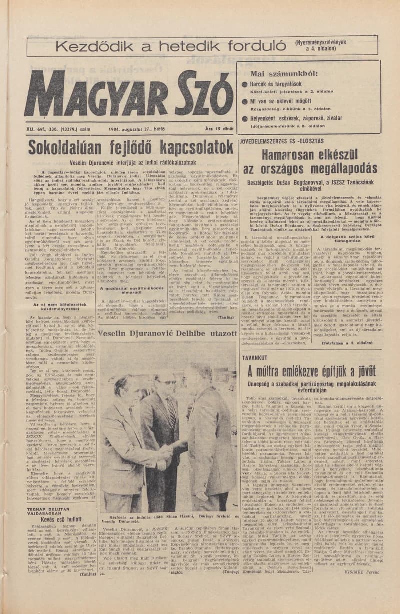 Magyar Szó, 41. évf. 1984. augusztus 27. 236. sz. 1–8. oldal