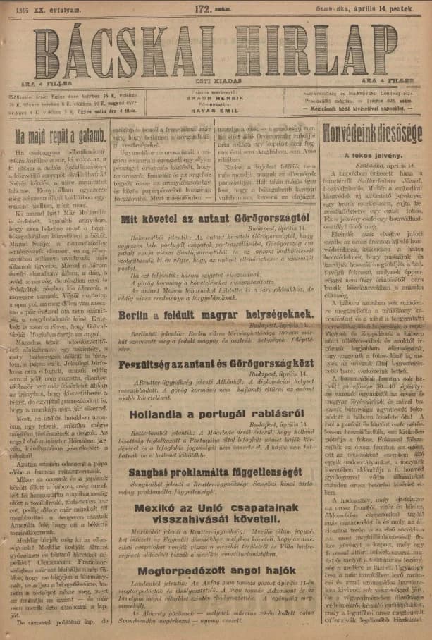 Bácskai Hirlap, 20. évf. 1916. április 14. 172. sz.
