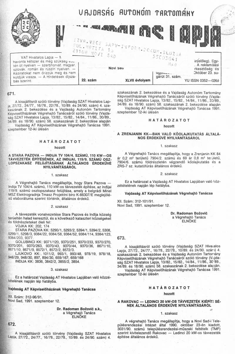 Vajdaság Szocialista Autonóm Tartomány Hivatalos Lapja, 47. évf. 1991. szeptember 20. 22. sz.