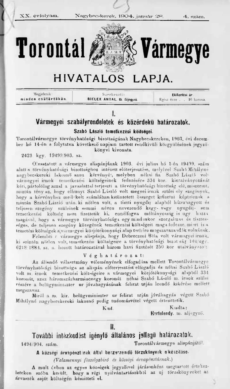 Torontál Vármegye Hivatalos Lapja, 20. évf. 1904. január 28. 4. sz.