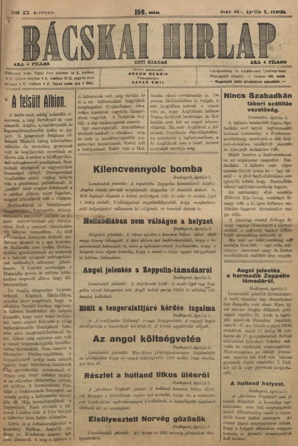 Bácskai Hirlap, 20. évf. 1916. április 5. 156. sz.
