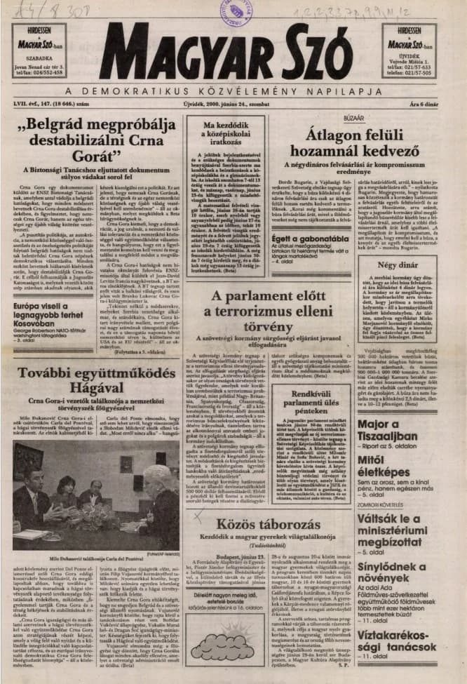 Magyar Szó, 57. évf. 2000. június 24. 147. sz. 1–16. oldal