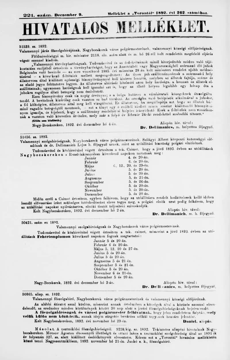 A Totontál  hivatalos melléklete, 5. évf. 1892. december 9. 221. sz.