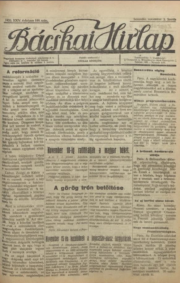 Bácskai Hirlap, 24. évf. 1920. november 3. 189. sz.