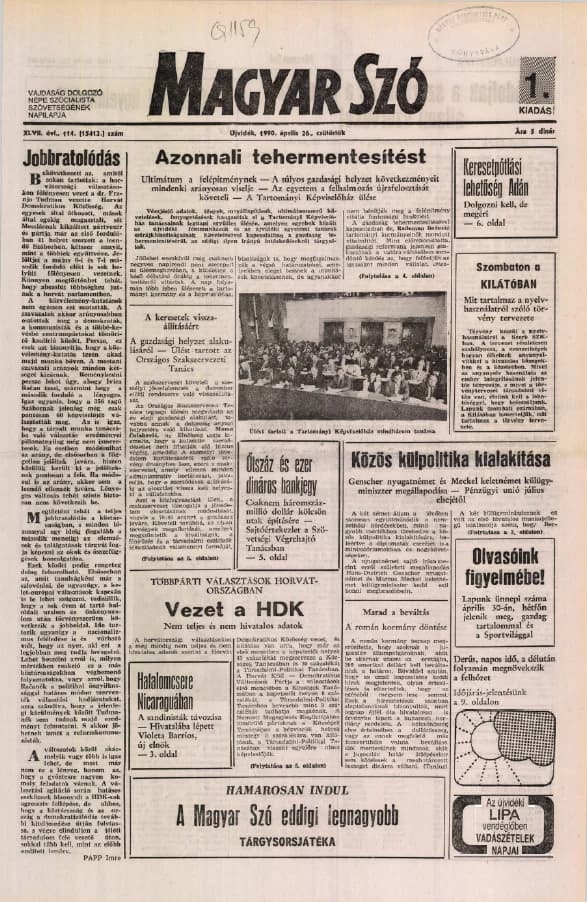 Magyar Szó, 47. évf. 1990. április 26. 114. sz. 1–16. oldal