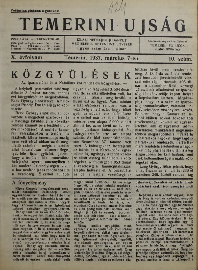 Temerini Újság 1928-1944, 10. évf. 1937. március 7. 10. sz.