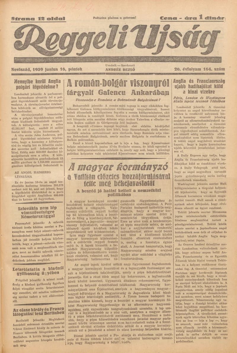 Reggeli Újság, 20. évf. 1939. június 16. 164. sz.