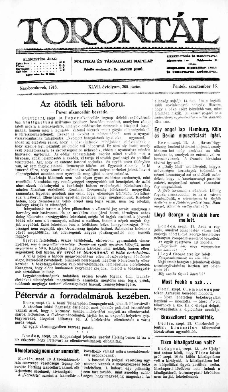 Torontál, 47. évf. 1918. szeptember 13. 209. sz.