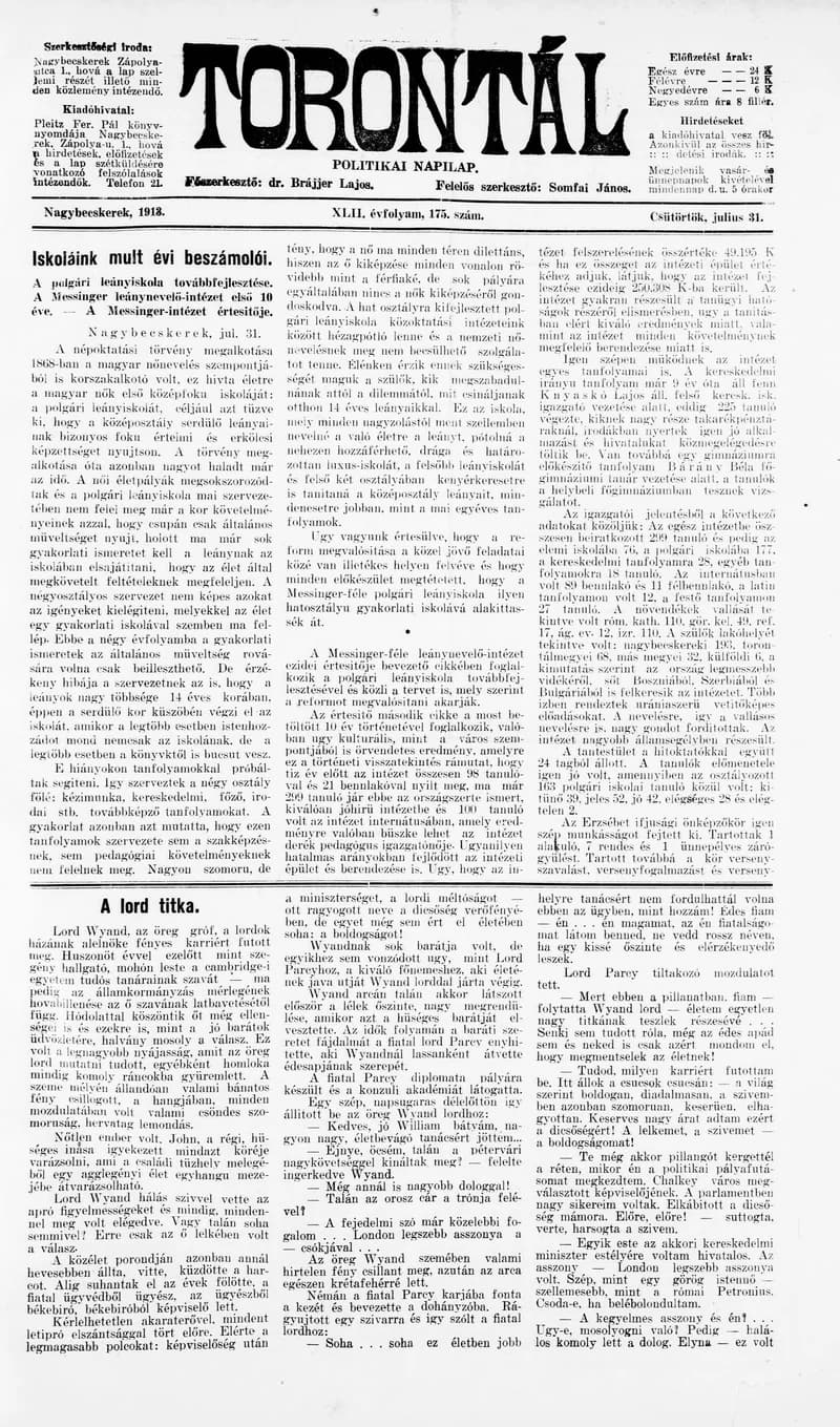 Torontál, 42. évf. 1913. július 31. 175. sz.