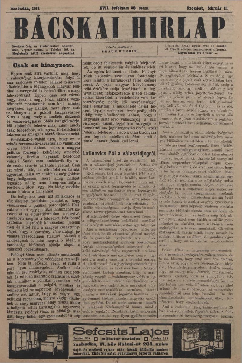 Bácskai Hirlap, 17. évf. 1913. február 15. 38. sz.