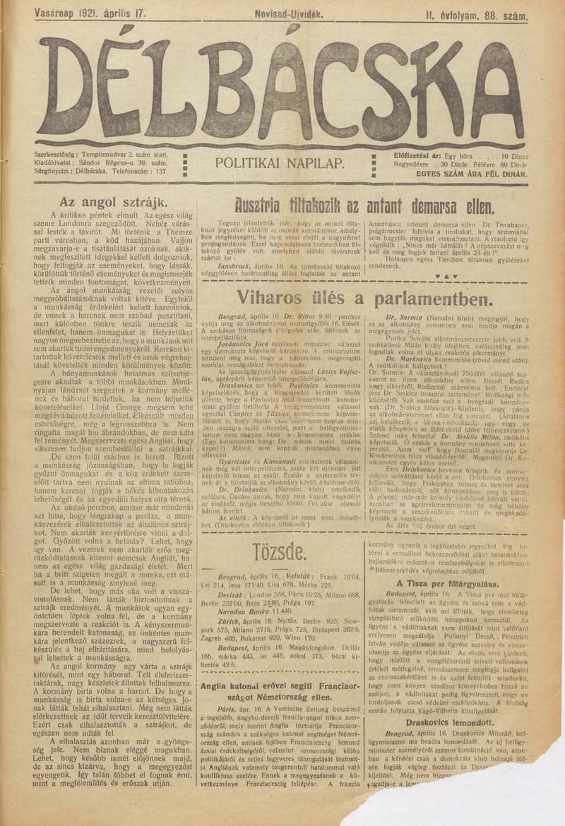 Délbácska, 2. évf. 1921. április 17. 88. sz.