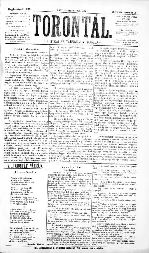 Torontál, 22. évf. 1893. november 2. 251. sz.