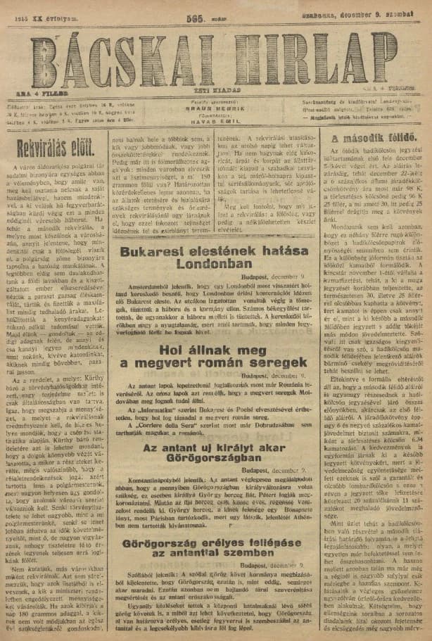 Bácskai Hirlap, 20. évf. 1916. december 9. 565. sz.