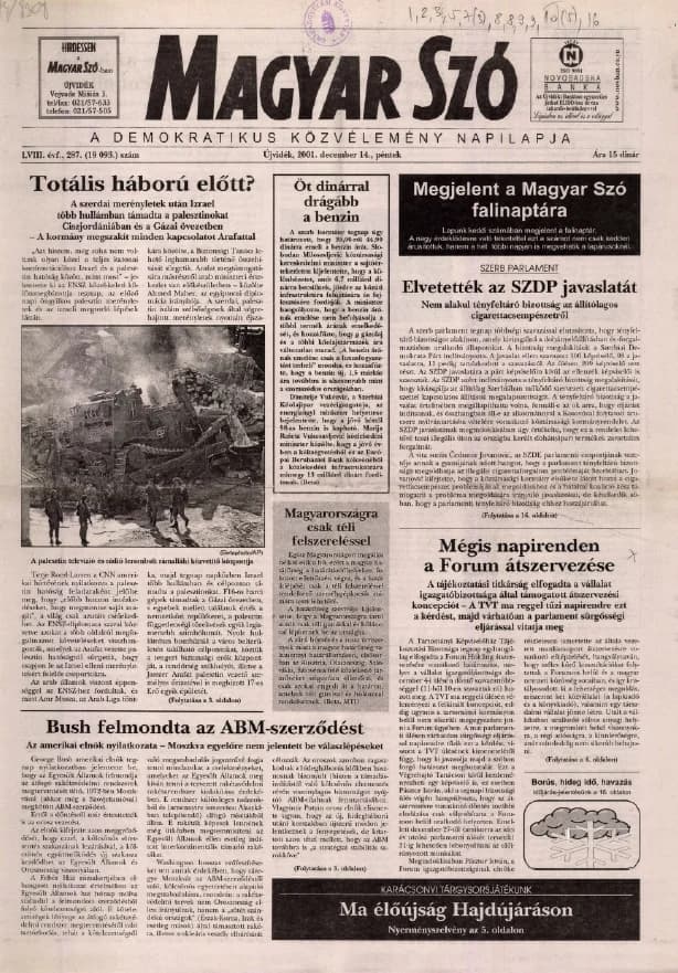 Magyar Szó, 58. évf. 2001. december 14. 287. sz. 1–16. oldal
