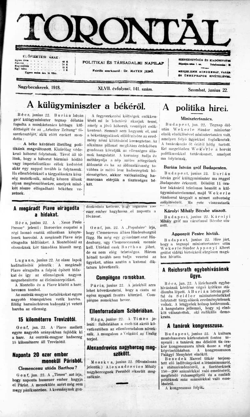Torontál, 47. évf. 1918. június 22. 141. sz.